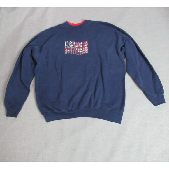 Vintage MC Sportswear Sweatshirt Womens 1X Navy Bedazzled American Flag Momcore - Picture 1 of 9